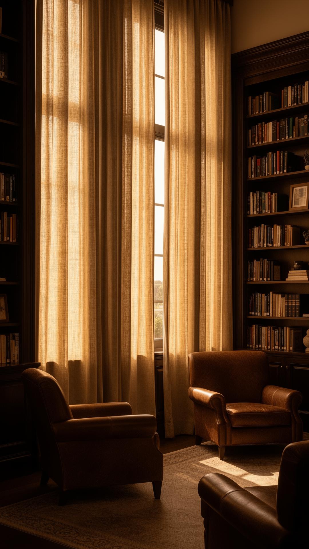 A warm, sunlit library interior with heavy linen curtains and dark wood shelving